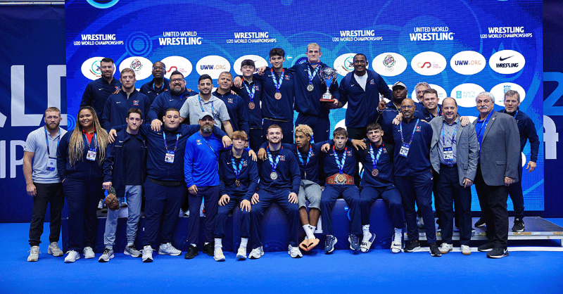 USAWrestling's tweet photo. Team USA 🇺🇸 brings home the men's freestyle team title at the U20 World Championships, its first since 2017, with nine medalists and 10 top-five finishers. #WrestlePontevedra