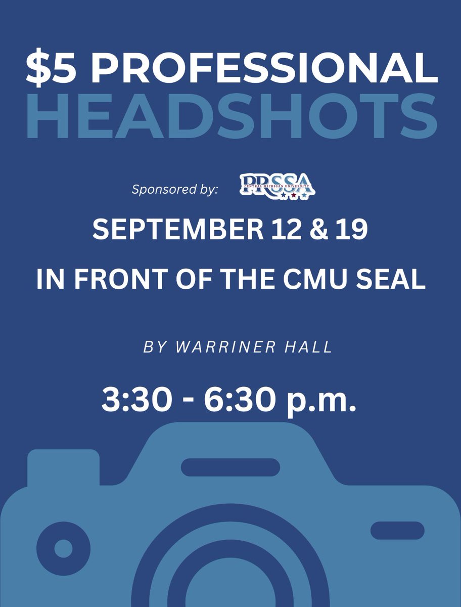 Looking to get a new professional headshot? Perfect for LinkedIn, websites, profile pictures! For $5 on Sept. 12 and 19 from 3:30-6:30 p.m. in front of the CMU seal.

Help us fundraise for conferences and update your professional pictures!

#cmuprssa #prpros