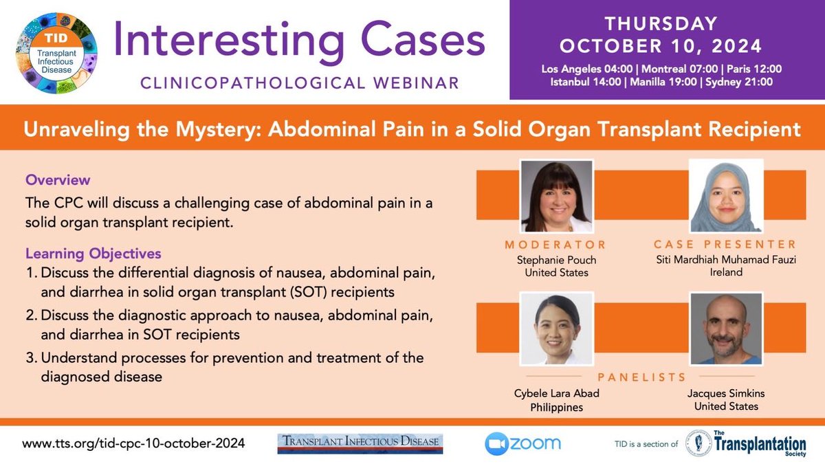 Michael Ison, MD MS (@michaelgisonmd) on Twitter photo Looking forward to our next TTS TID Section-<a href="/TheTxIDjournal/">TransplantID Journal</a> CPC!
Another challenging case presenting as abdominal pain in a SOT recipient. Thursday October 10 at 7am Eastern/12pm CET/9pm Sydney.
Register Today: tracking.tts.org/click?u=https%… Looking forward to our next TTS TID Section-<a href="/TheTxIDjournal/">TransplantID Journal</a> CPC!
Another challenging case presenting as abdominal pain in a SOT recipient. Thursday October 10 at 7am Eastern/12pm CET/9pm Sydney.
Register Today: tracking.tts.org/click?u=https%…