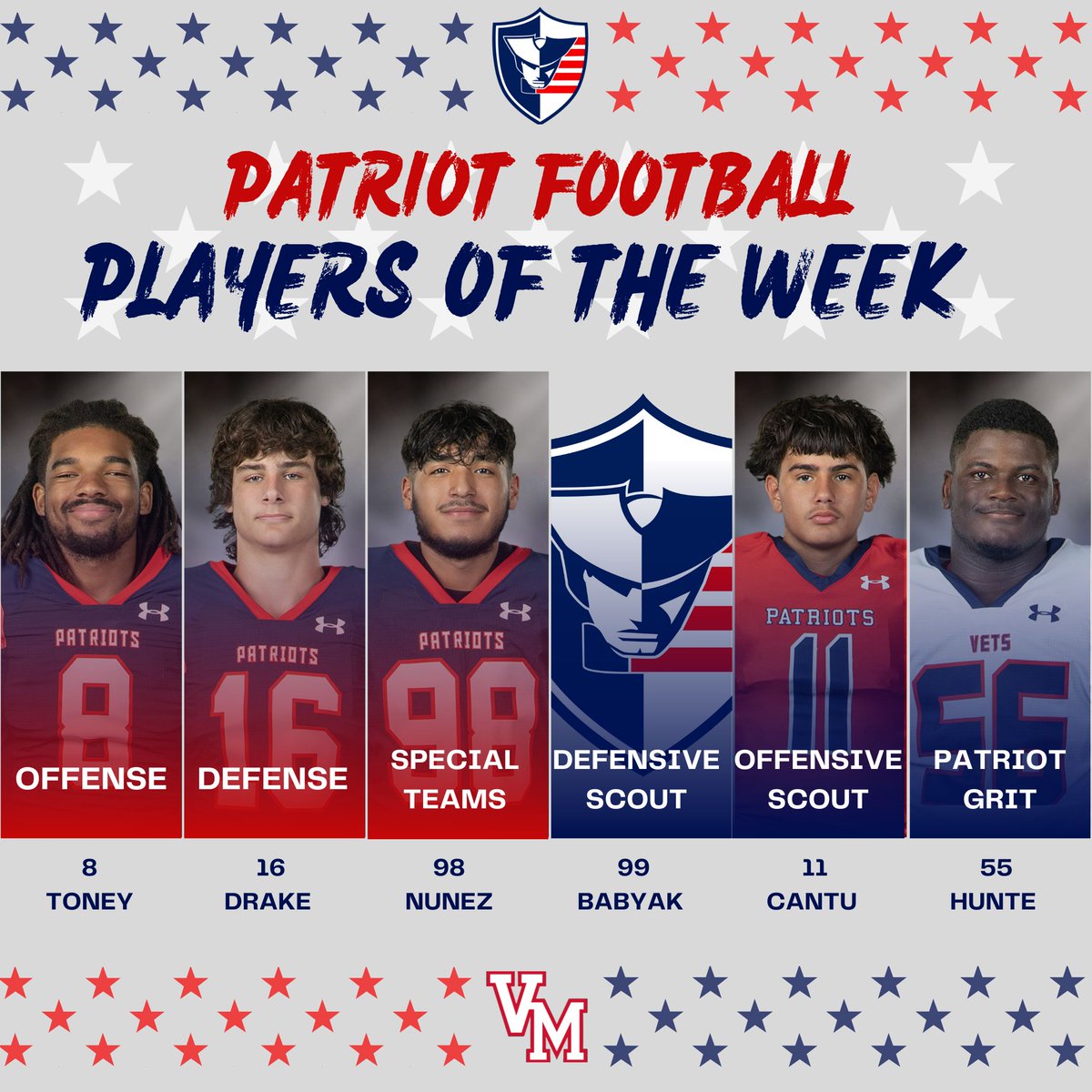 Veterans Memorial Football™️ (@saveteransfball) on Twitter photo Players of the Game vs Burbank 🔥
Offensive // <a href="/toney17_toney/">bentoney</a>
Defensive // <a href="/TylerDrake25/">Tyler Drake</a>
Special Teams //<a href="/RafaelN210/">Rafael Nunez</a>
GRIT // Akeem Hunte
JV Defensive // Mikeal Babyak
JV Offensive // <a href="/evan1834/">Johnathon Cantu</a>
#PatriotNation #EETEDT <a href="/JudsonISD/">Judson ISD 🍎</a> <a href="/JISD_ATHLETICS/">Judson ISD Athletics</a> Players of the Game vs Burbank 🔥
Offensive // <a href="/toney17_toney/">bentoney</a>
Defensive // <a href="/TylerDrake25/">Tyler Drake</a>
Special Teams //<a href="/RafaelN210/">Rafael Nunez</a>
GRIT // Akeem Hunte
JV Defensive // Mikeal Babyak
JV Offensive // <a href="/evan1834/">Johnathon Cantu</a>
#PatriotNation #EETEDT <a href="/JudsonISD/">Judson ISD 🍎</a> <a href="/JISD_ATHLETICS/">Judson ISD Athletics</a>