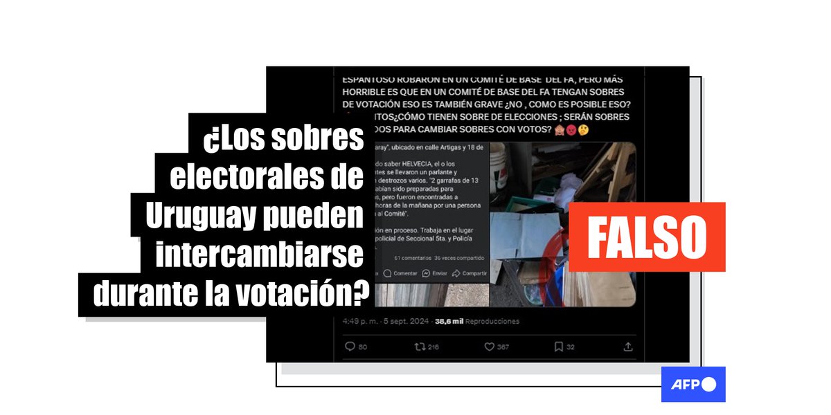 🇺🇾 Usuarios uruguayos comparten una foto de sobres electorales encontrados en un comité del <a href="/Frente_Amplio/">Frente Amplio</a> para sugerir que habrá fraude en las comicios de octubre.

❌ Pero en el proceso electoral se numera y controla cada sobre, evitando reemplazos.

➡️ u.afp.com/SobresFA