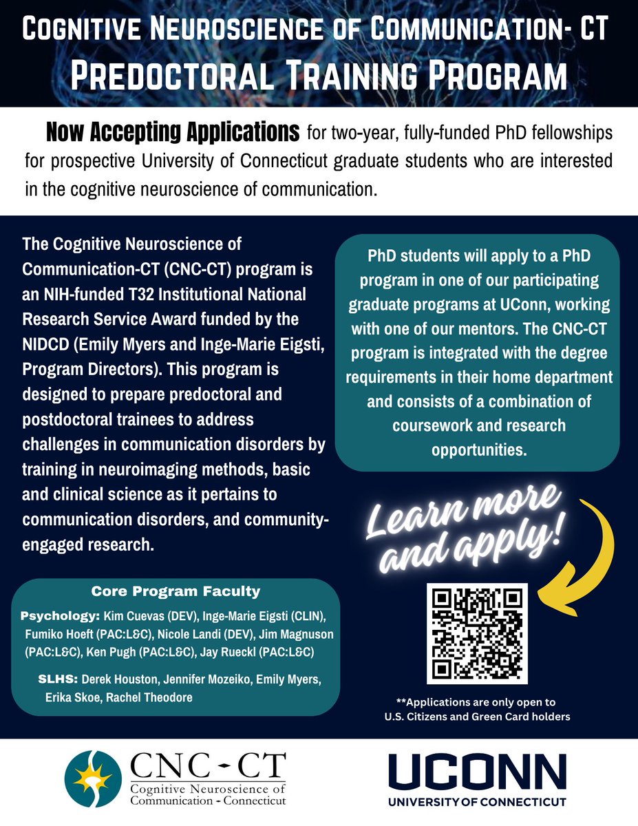 ingemarieeigsti's tweet image. Funding opportunities for PhD students and postdocs via T32 "Cognitive Neuroscience of Communication."
Details: cncct.research.uconn.edu