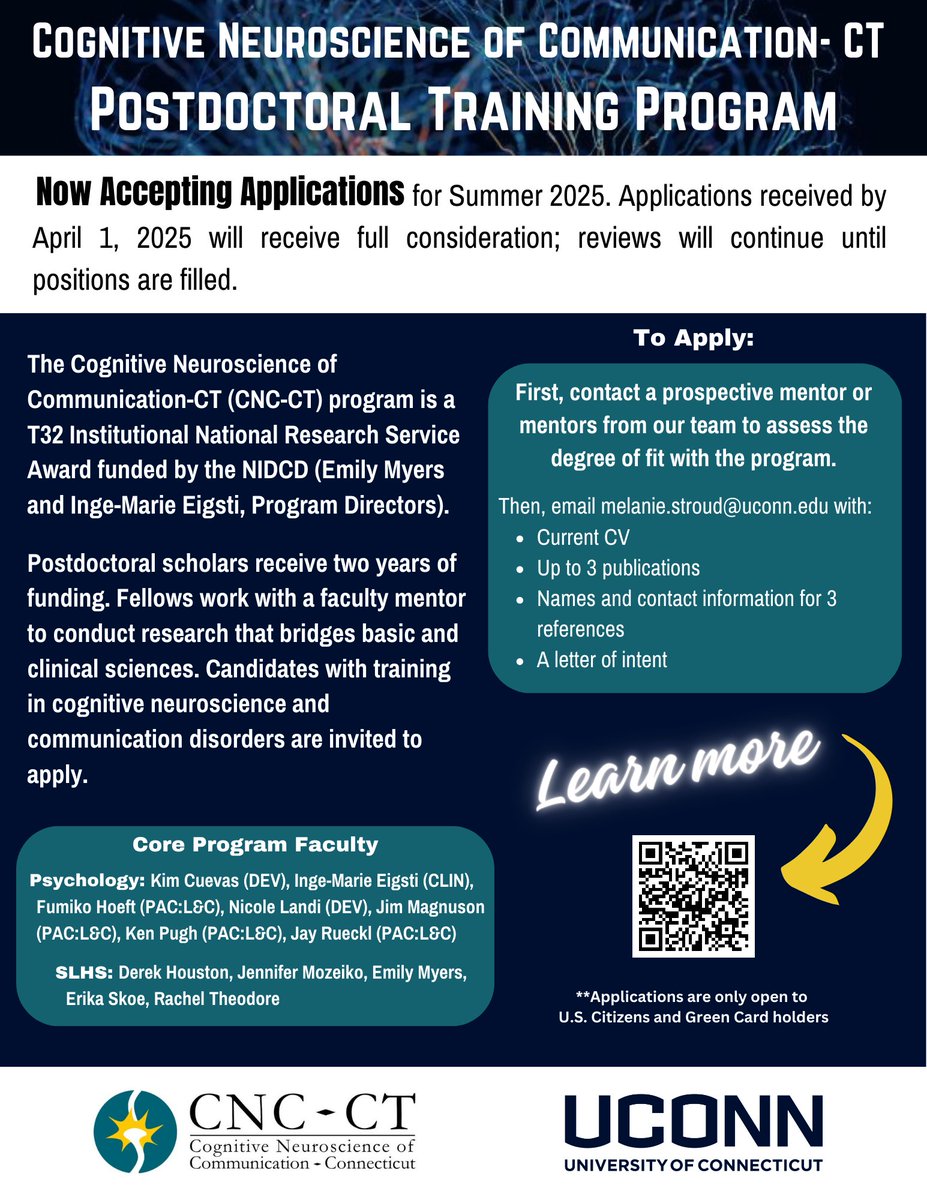 ingemarieeigsti's tweet image. Funding opportunities for PhD students and postdocs via T32 "Cognitive Neuroscience of Communication."
Details: cncct.research.uconn.edu