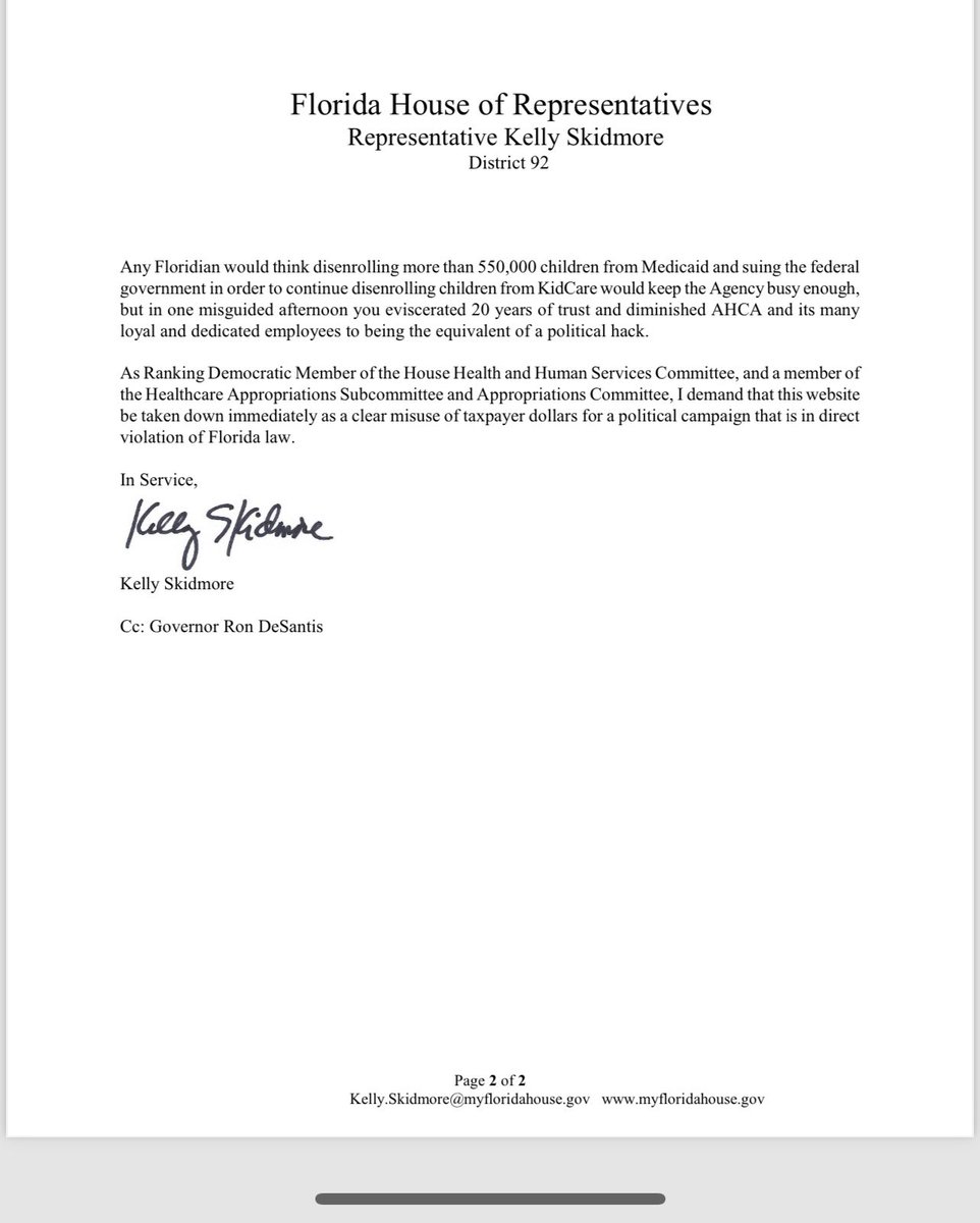 Today, I sent a letter to AHCA Secretary Jason Weida demanding the agency’s website be taken down immediately as a clear misuse of taxpayer dollars for a political campaign that is in direct violation of Florida law.