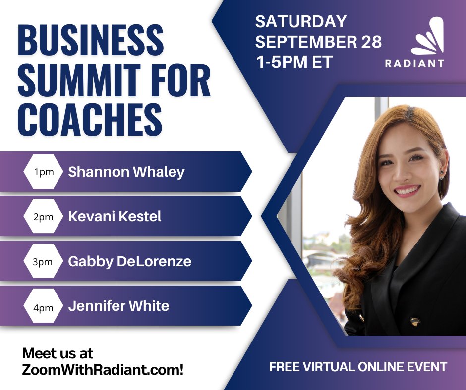 RadiantCoaches's tweet photo. Join us on Saturday, September 28, from 1-4pm ET at https://t.co/km5c9cf4gM for a FREE BIZ SUMMIT for professional coaches! 💜 #radiantcoachesacademy #radiantcoaches #business #businessgrowth https://t.co/H42Kg2u6jV