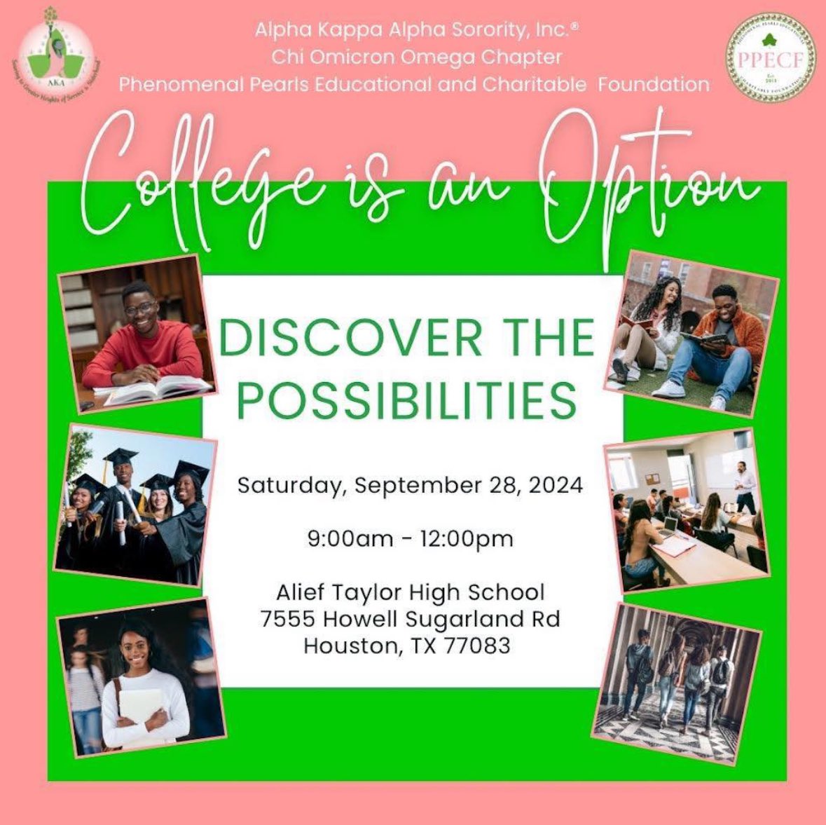 PPECF's tweet image. Join Alpha Kappa Alpha Sorority, Inc.® - Chi Omicron Omega Chapter and PPECF for our College is an Option event, as we explore the endless possibilities that await after high school graduation! 

To register, please visit Eventbrite: eventbrite.com/e/college-is-a…