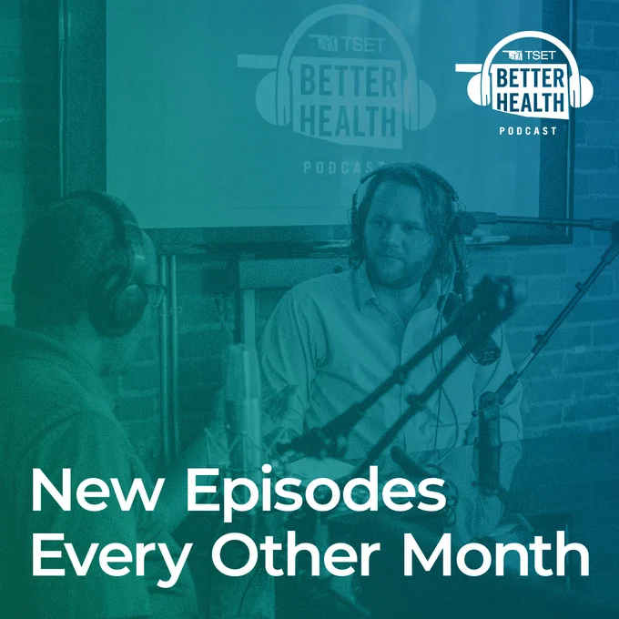 Two individuals recording a podcast episode in a studio. Text on the image announces "New Episodes Every Other Month."