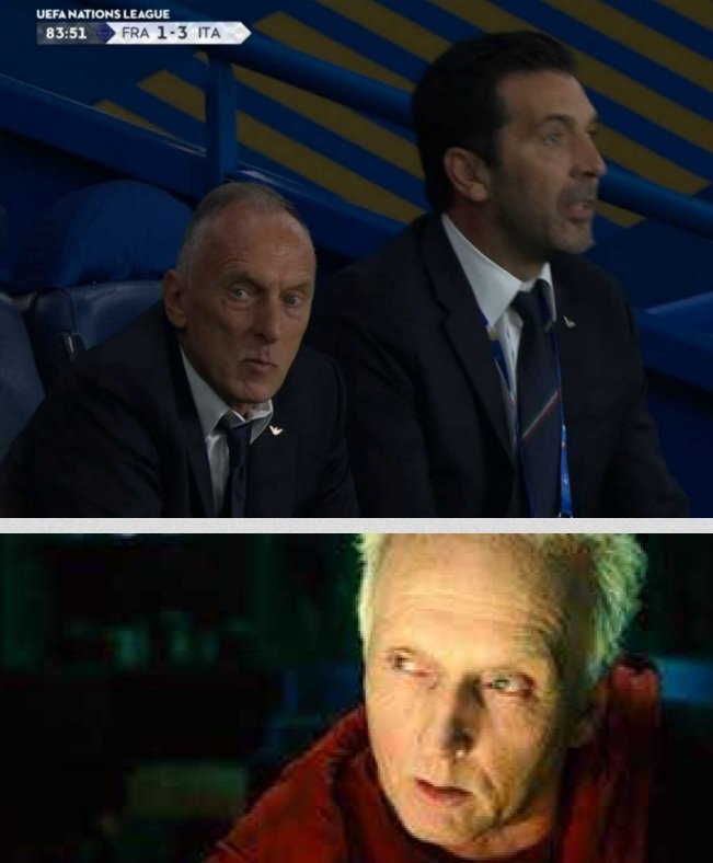 luigidelgiudice's tweet photo. In panchina, accanto a Buffon, c'è Saw - L'enigmista. 
Ecco la 🔑 della vittoria. https://t.co/4flsIPEE8N