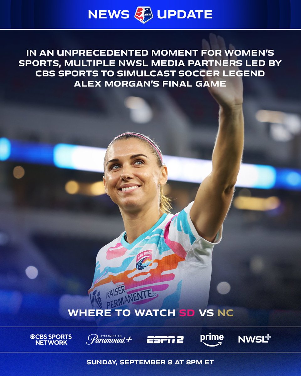 National Women’s Soccer League (@nwsl) on Twitter photo More ways to watch NWSL legend Alex Morgan’s final game of her career! 📺🤩
This Sunday's <a href="/sandiegowavefc/">San Diego Wave FC</a> vs <a href="/TheNCCourage/">NC Courage</a> match will now air on CBS Sports Network, Paramount+, ESPN2, ESPN+, Prime Video, and NWSL+.
CBS Sports will host a 30-minute pre- and post-match studio More ways to watch NWSL legend Alex Morgan’s final game of her career! 📺🤩
This Sunday's <a href="/sandiegowavefc/">San Diego Wave FC</a> vs <a href="/TheNCCourage/">NC Courage</a> match will now air on CBS Sports Network, Paramount+, ESPN2, ESPN+, Prime Video, and NWSL+.
CBS Sports will host a 30-minute pre- and post-match studio