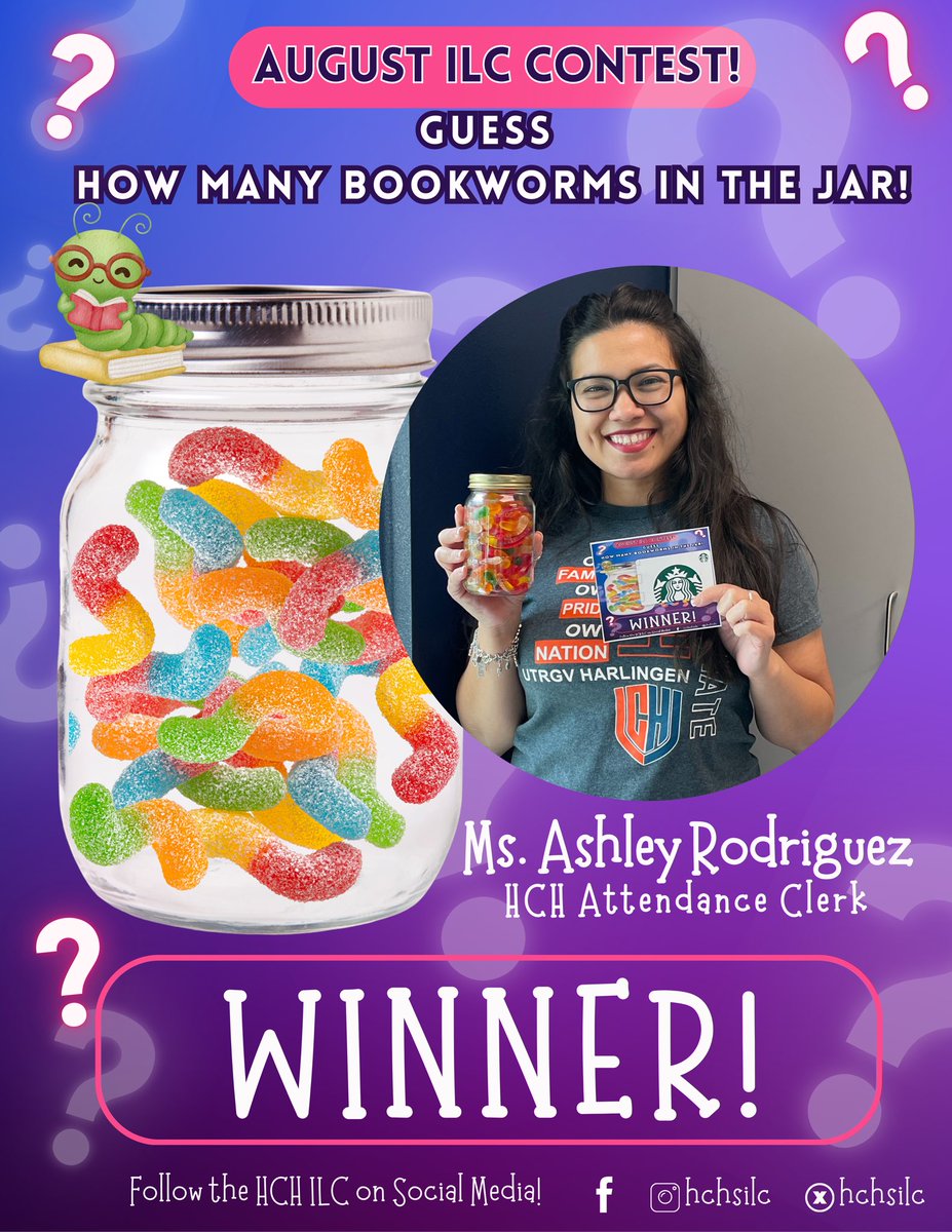 In August we welcomed everyone back to the books with a fun contest at the ILC! 📚✨ Students &amp; staff were invited to guess how many bookworms in a jar. There were 89 bookworms in the jar 🐛 Congrats to our winners, Ms. Ashley Rodriguez and Kimberly Treviño! 🎉<a href="/mendozareads/">Crystal Mendoza</a>