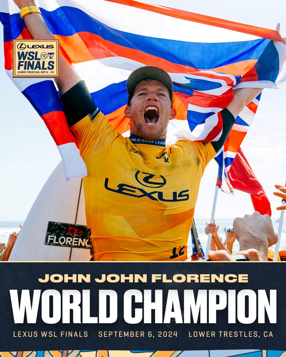 THREE TIMES FOR JJF!!! 🏆🏆🏆

As 2024 World Champion, <a href="/johnjohnflorenc/">john john florence</a>  closes out a legendary season that continues to solidify his name in the history books. With his third title, he is now in elite company with previous World Titles won in 2016 and 2017.

Previous 3x+ World