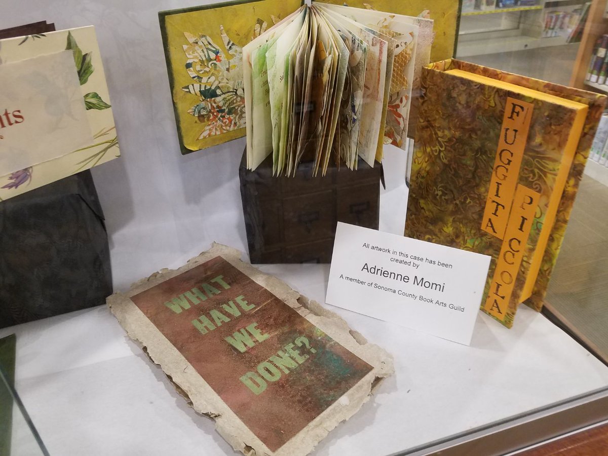 Library95472's tweet photo. Currently on display at #SebastopolRegionalBranchLibrary is book art by Adrienne Momi, a member of the #SonomaCountyBookArtsGuild  The beautiful glass display case is generously on loan from #TheSebastopolCenterForTheArts https://t.co/EJ94eQTb1j
