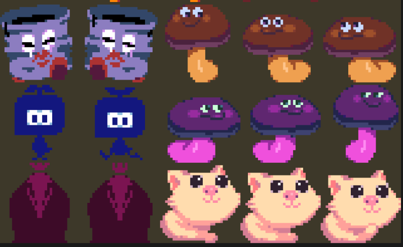 dotfowl's tweet photo. Later still, we decided to include enemy alts, so I made one for each. In the current build, the oil drum's alt seems to be unused, which is sad because that's his wife.😢

We also thought it would be fun to include each dev as an enemy, and that's what those bottom rows are. https://t.co/G5iZtLtEa7