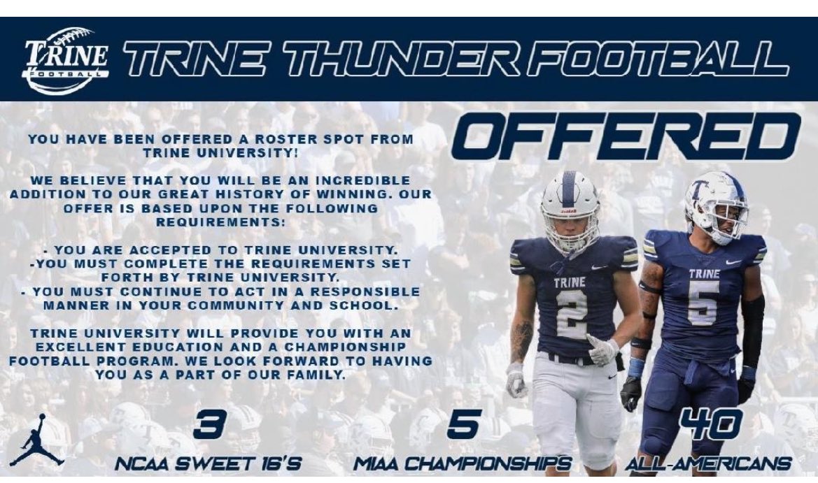 25bakerj's tweet photo. After a great conversation with @Coach_Kleats61 and @CoachAbbs I am blessed to receive an offer to play football at Trine university
@BHSfootball4 @TrineThunderFB https://t.co/6R4gMm90Kb