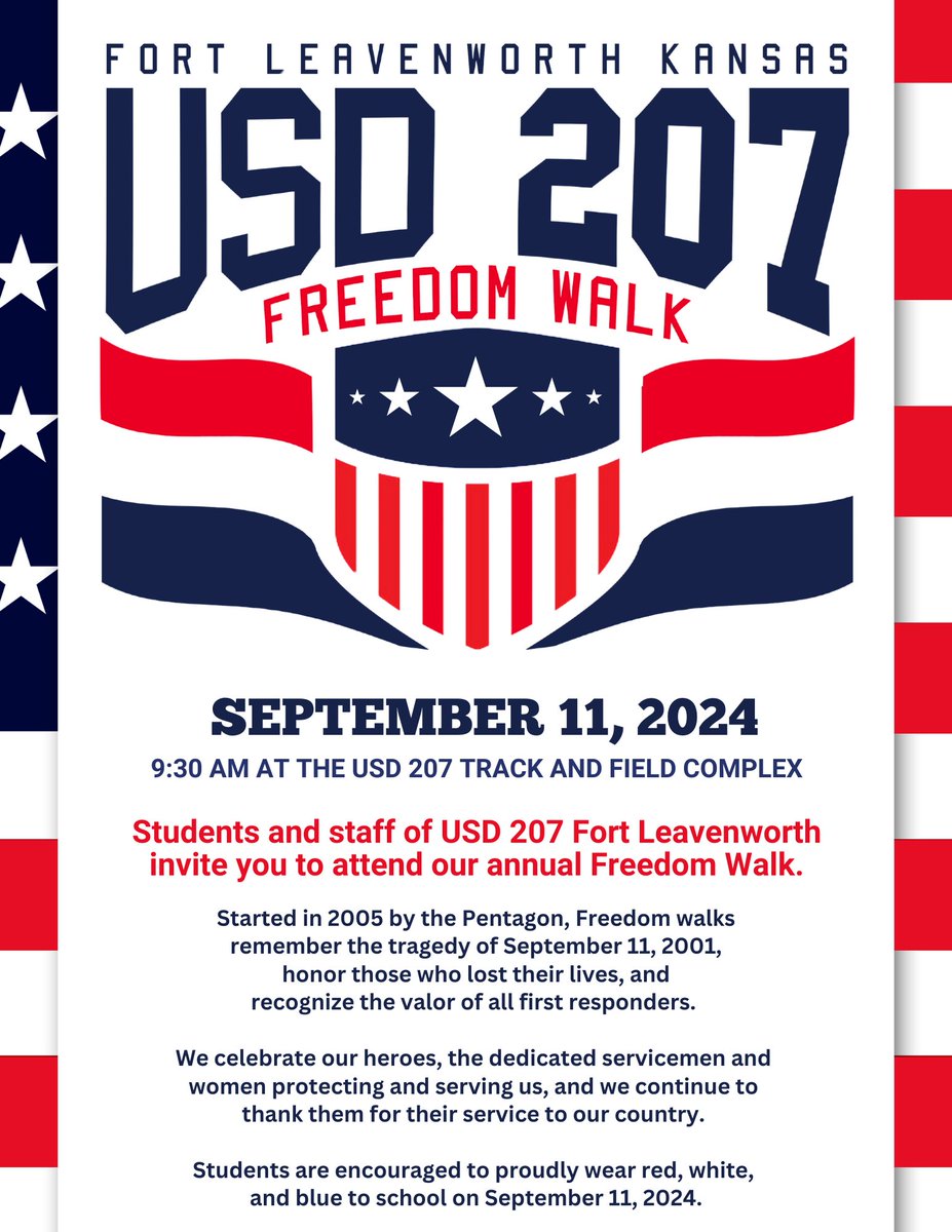 The 17th Annual USD 207 Freedom Walk will be held on Wednesday, September 11, 2024.

*The USD 207 Track and Field Complex will be closed for community usage from September 10th through September 11th. A stage will be placed on the track during this time. Please practice caution.