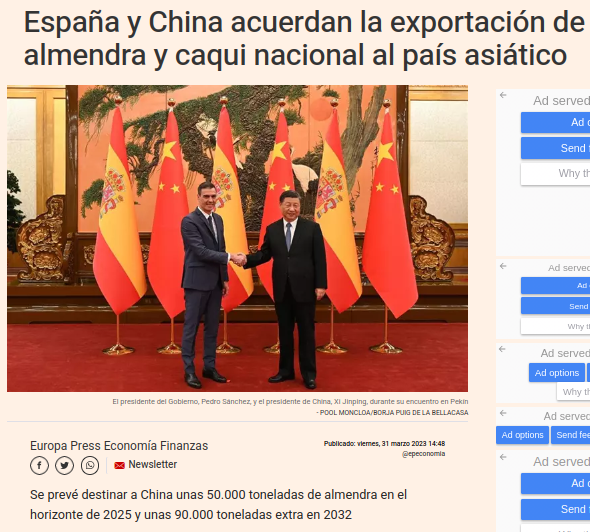 El año pasado España acordó exportar almendras a China. China esta buscando reducir su dependencia de los EEUU por lo que no busca dejar de importar almendras de California.

Así que España producirá para el 2032  90.000Tn mas de almendras destinadas a la exportación a China(+)