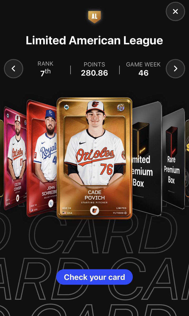 SegiFeesh's tweet photo. #SorareMLB
#GameWeek46
Back-to-back weeks on a podium with a 3rd in Rare AS this week!
A little disappointed in the rewards though as I already won a Cowser & I don’t feel he should be in the “Star” tier. Open for a trade.
Digging Povich as a T1. Schreiber is available. https://t.co/5lngMHjSUk