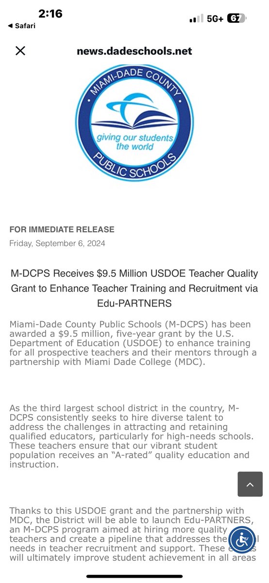 .<a href="/M/">M</a>-DCPS Receives $9.5 Million USDOE Teacher Quality Grant to Enhance Teacher Training and Recruitment via Edu-PARTNERS
 news.dadeschools.net/cmnc/new/34156
<a href="/MDCPS/">Miami-Dade Schools</a> <a href="/SuptDotres/">Jose L. Dotres, Ed.D.</a> <a href="/MDCPS_HCMChief/">Dr. Dawn M. Baglos</a>