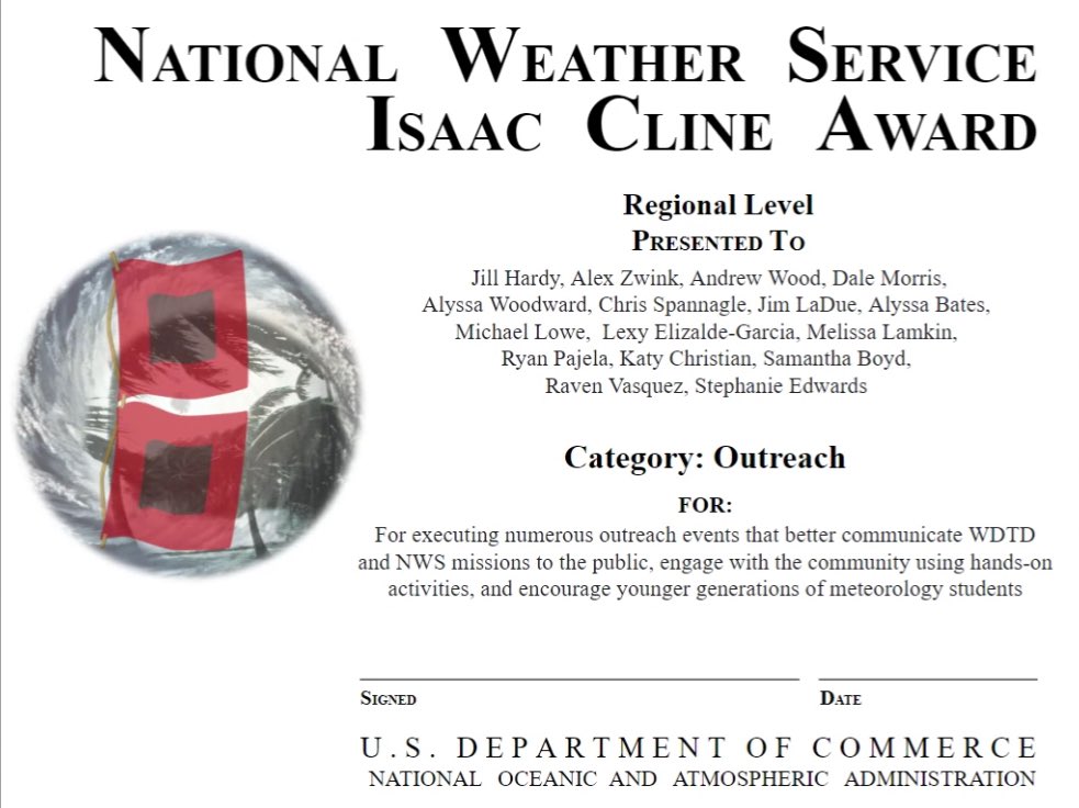 JadeoradeWx's tweet photo. We won a regional Cline Award today for our outreach efforts! I’m thrilled to be surrounded by such dedicated and talented instructors who love to share their passion for weather! 🤍 https://t.co/trMbXDtucf