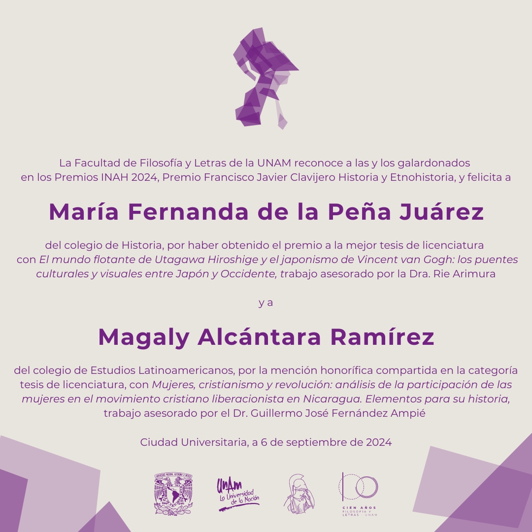#UnGoyapara las y los miembros de la #ComunidadFilos galardonados en los Premios INAH 2024. En especial a quienes recibieron un reconocimiento en el marco del Premio Francisco Javier Clavijero Historia y Etnohistoria. 

#FILOS100