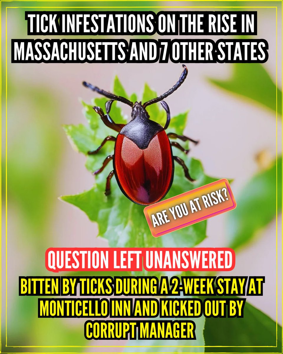 DeboraV90816003's tweet image. 🤔QUESTION LEFT UNANSWERED
How could this happen to me at the hotel, and why am I left without any justice? 

Read the full story here 👇

facebook.com/share/p/qTfX5A…

#TickAlert
#TickInfestation
#TickBitePrevention
#TickBorneDiseases
#LymeDiseaseAwareness
#MonticelloInn