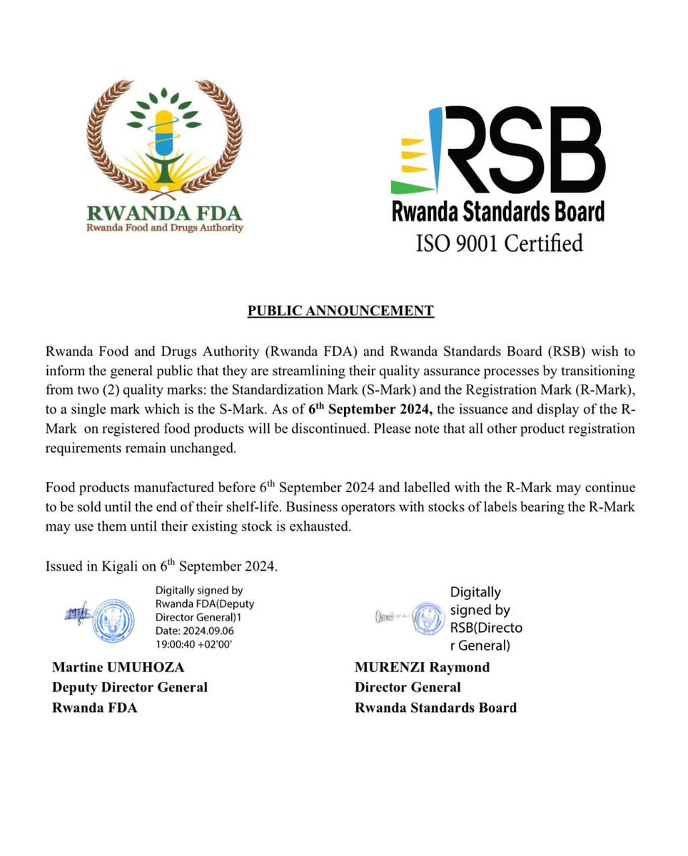 Rwanda Standards Board (@rwandastandards) on Twitter photo ANNOUNCEMENT 🔊
<a href="/RwandaFDA/">Rwanda Food and Drugs Authority</a> and <a href="/rwandastandards/">Rwanda Standards Board</a> announce the decision to streamline their quality assurance processes by transitioning from two quality marks to one mark (S-Mark).
Read full announcement below ⤵️: ANNOUNCEMENT 🔊
<a href="/RwandaFDA/">Rwanda Food and Drugs Authority</a> and <a href="/rwandastandards/">Rwanda Standards Board</a> announce the decision to streamline their quality assurance processes by transitioning from two quality marks to one mark (S-Mark).
Read full announcement below ⤵️: