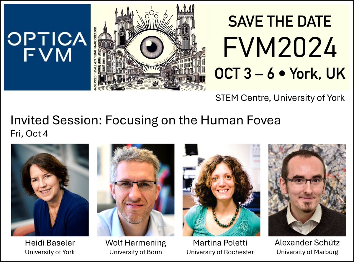 Optica_FVM's tweet image. 👁️ Invited Session: Focusing on the Human Fovea

Explore how high-res ophthalmoscopy, neuroimaging &amp;amp; behavioral studies reveal the structure of our foveal pathways

Heidi Baseler (York)
Wolf Harmening (Bonn)
Martina Poletti (Rochester)
Alexander Schütz (Marburg)

#OpticaFVM2024