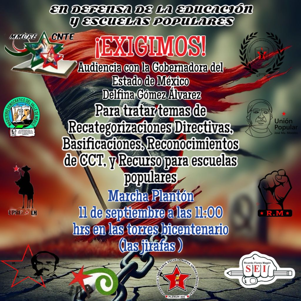 El Sector Educativo Independiente #SEI en coordinación con el #MMCRE estamos organizando una #MachaPlantón en Toluca <a href="/Edomex/">Gobierno del Estado de México</a> para el próximo 11/09/2024 ante la falta de solución a las demandas educativas. <a href="/julioastillero/">Julio Astillero</a> <a href="/AristeguiOnline/">Aristegui Noticias</a> <a href="/lajornadaonline/">La Jornada</a> <a href="/Reforma/">REFORMA</a> <a href="/SeducEdoMex/">Educación, Ciencia, Tecnología e Innovación</a>