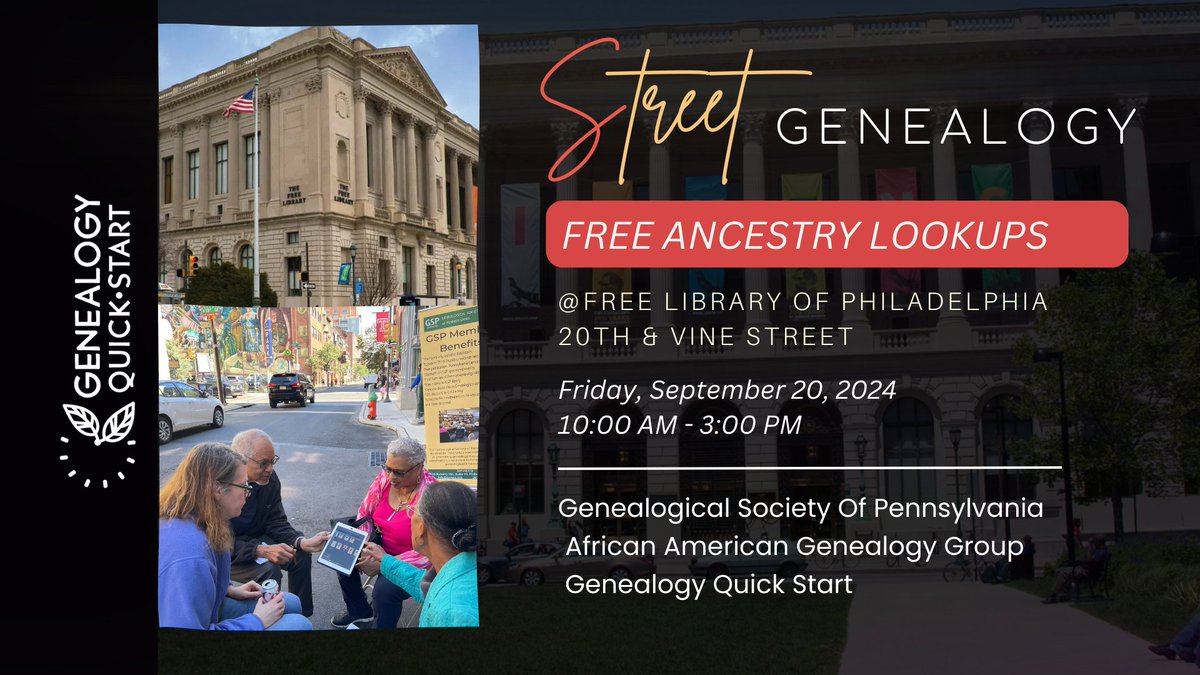 GSP will be participating in #PARKingDayPHL on 9/20 from 10–3 outside the <a href="/FreeLibrary/">Free Library of Philadelphia</a> of Philadelphia (Main Branch). We will be giving FREE genealogy online lookups! Come see us with @genealogyquickstart,
African American Genealogy Group and FLP!

No reservation required.