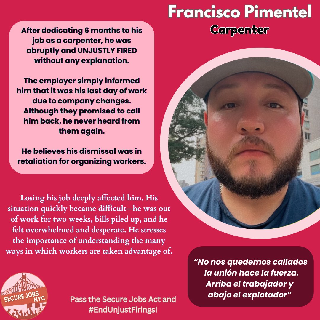 Francisco was unjustly fired for organizing workers, leaving him struggling. It’s time to #EndUnjustFirings by passing the Secure Jobs Act! Rally with us at City Hall Park before we meet with <a href="/NYCCouncil/">New York City Council</a>!

📆 Thurs, Sept 26  
⏰ 9:00 AM  
📍City Hall Park