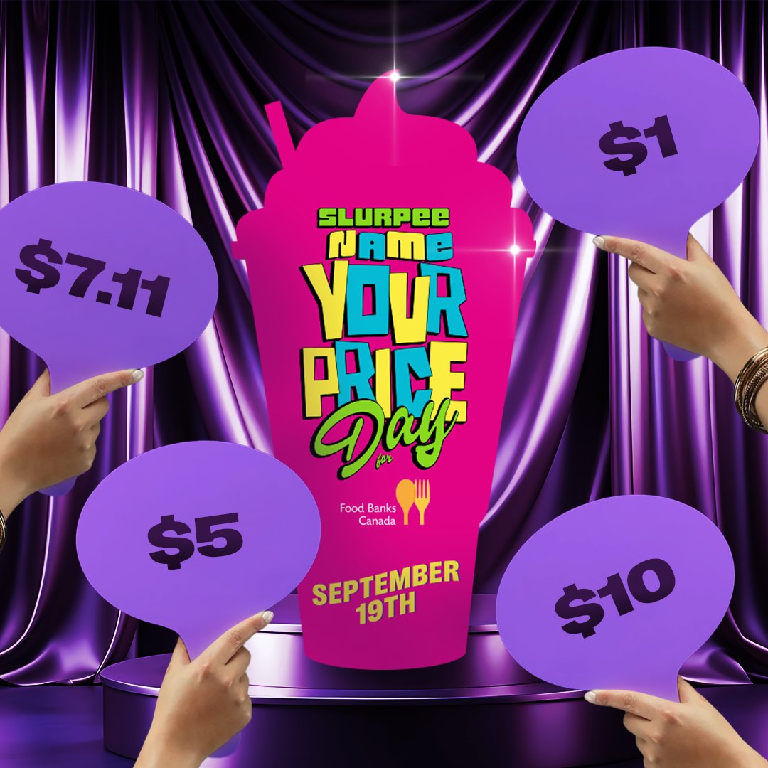 run, don’t walk to your neighbourhood Sev on Sept 19th for✨Slurpee Name Your Price Day✨ 🏃‍♀️💨

🥤you decide what to pay for a large Slurpee on Sept 19
🥤7Rewards Members get an extra +711 bonus points
🥤100% of the proceeds go to supporting Food Banks Canada

#OnlyAt7Eleven