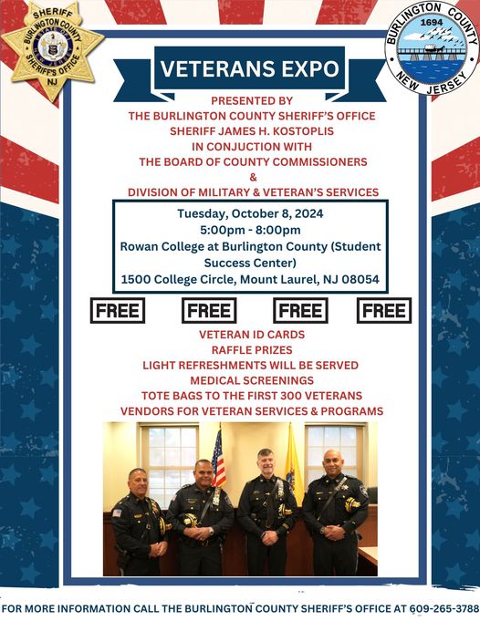 BurlCityPDNJ's tweet photo. Burlington County Veterans Expo will now be held Tuesday October 8th from 5:00pm-8:00pm at Rowan College at Burlington County’s Student Success Center Mount Laurel, NJ 08054. https://t.co/CtmbNXmGhn
