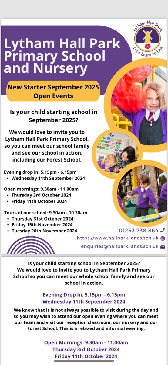 HallParkPrimary's tweet photo. Lytham Hall Park Primary School warmly invite school starters for 2025 to our exciting open events 😀 Pop along and experience Hall Park for yourselves- we look forward to welcoming you! https://t.co/26wGVGju9j