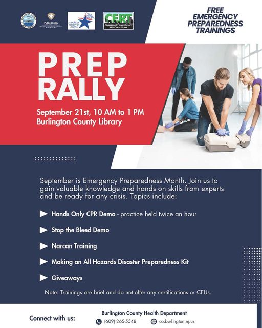 BurlCityPDNJ's tweet photo. FREE EMERGENCY PREPAREDNESS TRAINING  

Join the Burlington County Health Department and other agencies on September 21st from 10am to 1pm at the Burlington County Library System for a FREE PREP RALLY! https://t.co/Y6U6Ae8G2l