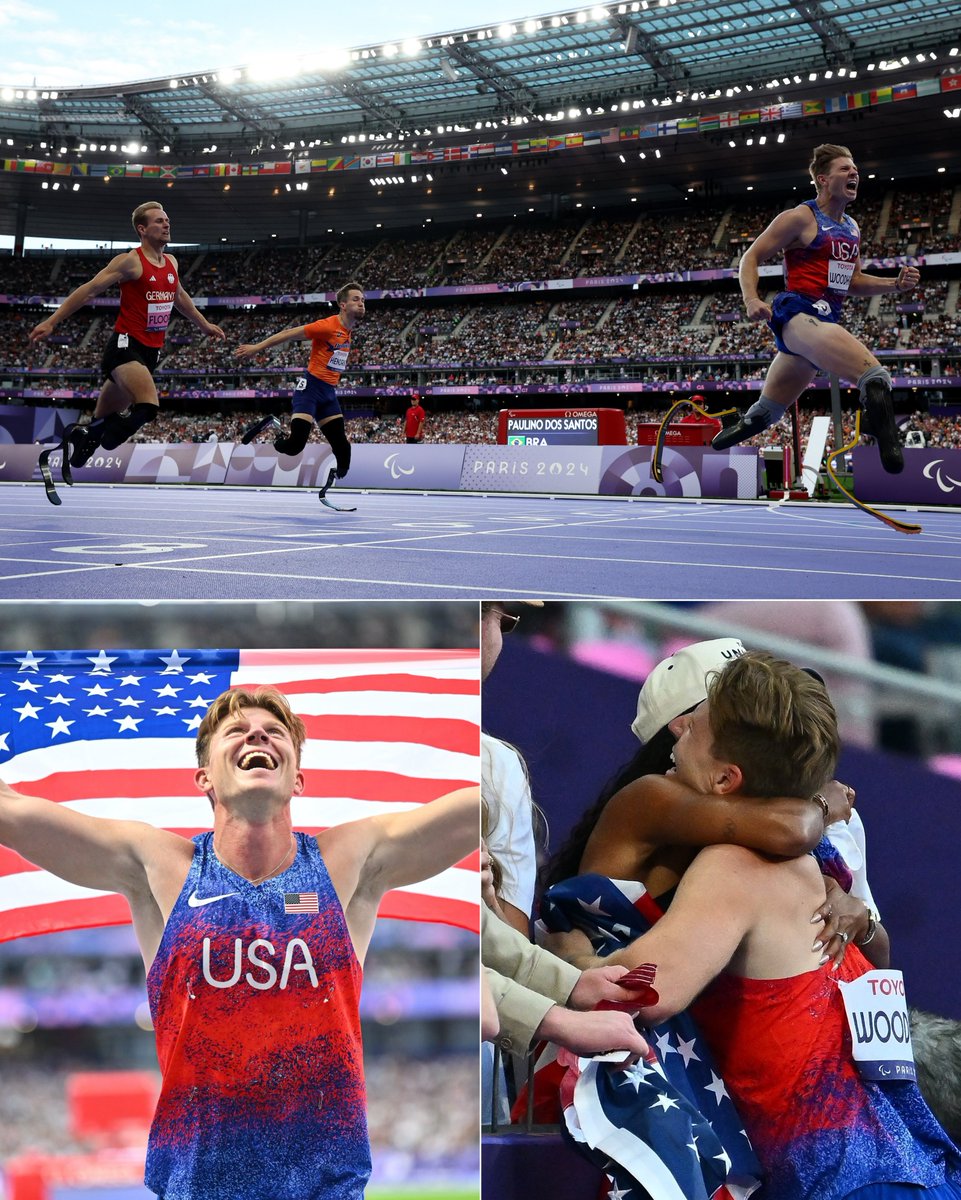 Last month, Hunter Woodhall cheered on wife Tara Davis-Woodhall as she won her first Olympic gold medal in the women’s long jump final

Today, she cheered him on as he won his first Paralympic gold medal in the men’s 400m T62 🙌❤️