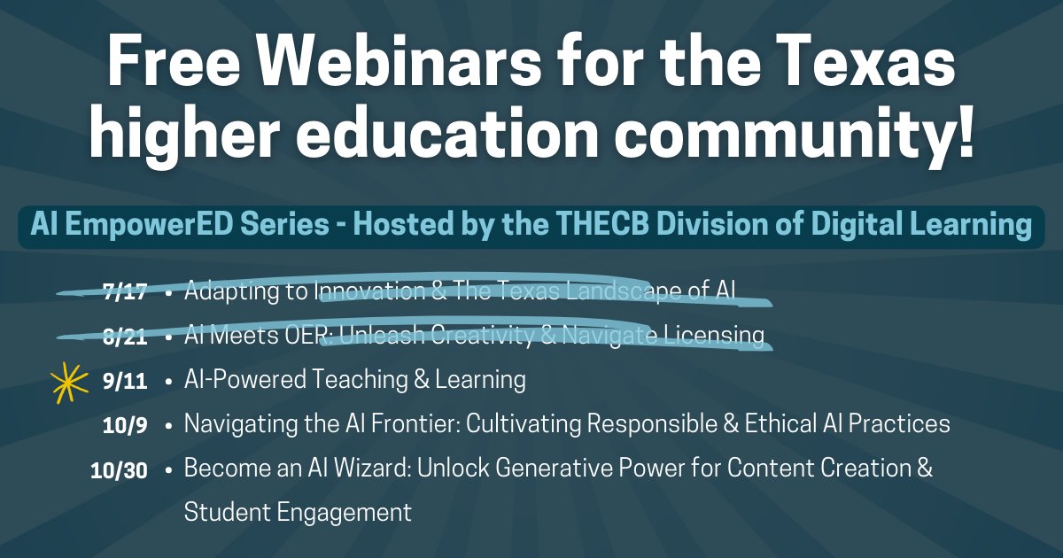 Sign up for the next THECB AI EmpowerED webinar to be held Wednesday! This session will feature a panel of Texas educators who will explore innovations &amp; best practices for integrating AI into teaching &amp; learning. Learn more &amp; register: ow.ly/GqMg50Sz5il #tarletonfaculty
