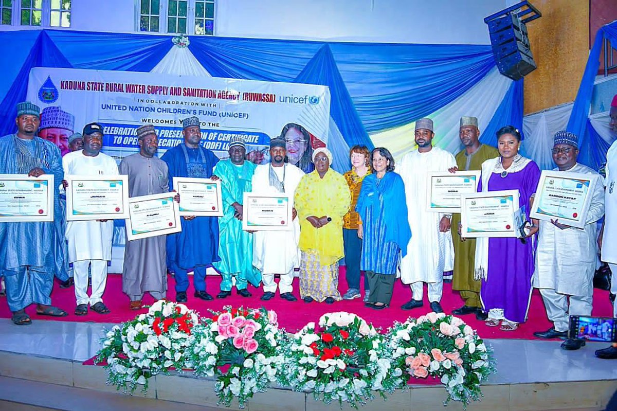 Deputy Governor, Kaduna (@depgovkaduna) on Twitter photo Through the collaborative effort of <a href="/UNICEF/">UNICEF</a> and <a href="/KDRUWASSA/">Kaduna Rural Water Supply and Sanitation Agency</a>, 9 LGSa in Kaduna State were today certified as Open Defecation Free at a ceremony attended by the Deputy Governor <a href="/DrHadiza/">Dr. Hadiza Sabuwa Balarabe</a>. The LGAs are:Jaba, Kaura, Jema'a, Giwa, Kudan, Chikun Soba, Kubau, and Zangon Kataf. Through the collaborative effort of <a href="/UNICEF/">UNICEF</a> and <a href="/KDRUWASSA/">Kaduna Rural Water Supply and Sanitation Agency</a>, 9 LGSa in Kaduna State were today certified as Open Defecation Free at a ceremony attended by the Deputy Governor <a href="/DrHadiza/">Dr. Hadiza Sabuwa Balarabe</a>. The LGAs are:Jaba, Kaura, Jema'a, Giwa, Kudan, Chikun Soba, Kubau, and Zangon Kataf.