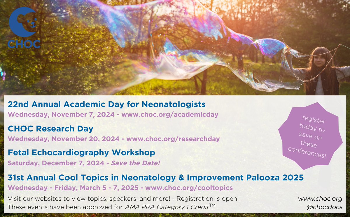 We've got some exciting upcoming events we'd love to see you at! Check them out below; early bird rates are still available: 
📅 choc.org/academicday
📅 choc.org/researchday
📅 choc.org/cooltopics