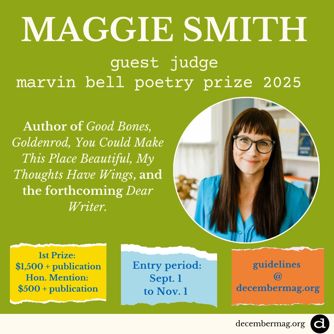 We are BESIDE OURSELVES: <a href="/maggiesmithpoet/">Maggie Smith</a> is our Marvin Bell Poetry Prize Guest Judge this year!! We admire and adore Maggie's work and can't wait to see what amazing selections she makes this year. Submissions are open from now until NOV. 1! Submit here: december.submittable.com/submit