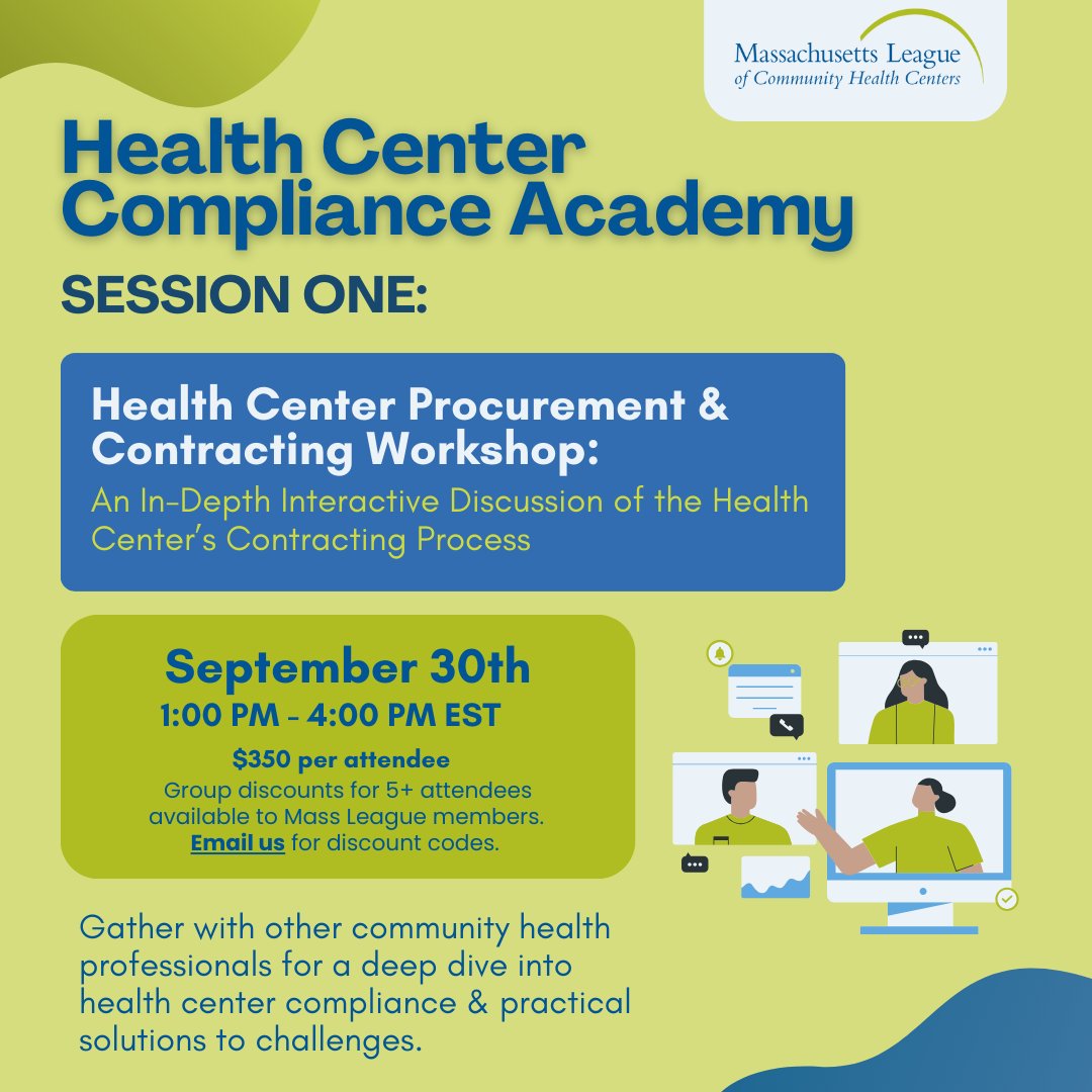 On 9/30 the Mass League’s Health Center Compliance Academy kicks off with a workshop on regulatory requirements, risk identification, and best practices for every step of the procurement and contracting process. Register today @ massleague.org! #CHC #CHCContracting