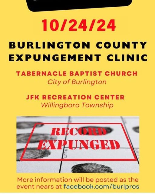 BurlCityPDNJ's tweet photo. The Burlington County Prosecutor's Office is once again hosting an Expungement Clinic on Thursday, October 24, 2024, at Tabernacle Baptist Church and the JFK Recreation Center in Willingboro.

Stay tuned for additional details! https://t.co/o2xsbt1ppj