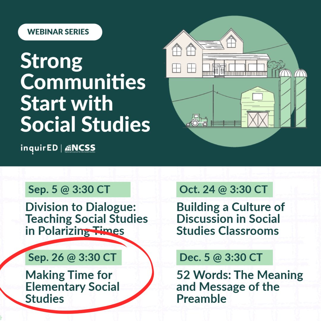 NCSSNetwork's tweet image. 💻 Missed yesterday's webinar? No sweat! Join us for our next session with @Inquired where we discuss making elementary social studies instruction a priority!
➡️ Sign up now: hubs.li/Q02LhkNk0 #elementaryeducation #community #instruction