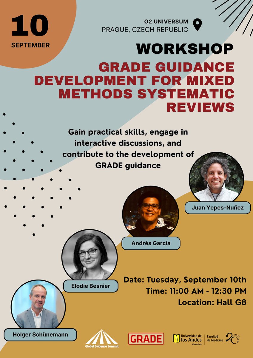 Advance your skills in mixed methods systematic reviews and contribute to GRADE guidance development.

Join us in this interactive workshop at the Global Evidence Summit in Prague on Sept 10th. 

Date: Tuesday, September 10th
Time: 11:00 AM - 12:30 PM
Location: Hall G8

#GES2024