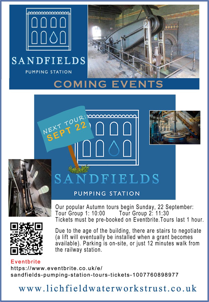 We are running 1 hour tours at #SandfieldsPumpingStation on Sunday 22nd Sep
Tour 1  10:00
Tour 2  11:30
Come and see the amazing Victorian Pumping Station and find out the fascinating history behind supplying water. Please book on eventbrite. 🙂 #LichfieldCity #BoostLichfield