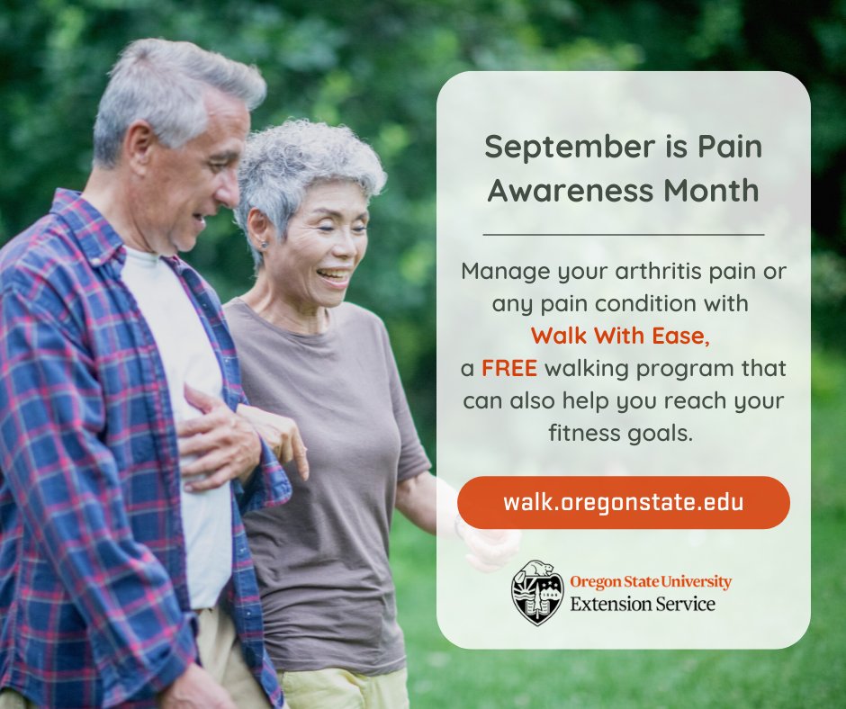 September is Pain Awareness Month and we are excited to share a valuable resource for your patients: Walk With Ease.  This free walking program is designed to help individuals manage arthritis, chronic pain, and improve overall fitness:  extension.oregonstate.edu/walk-ease
#PainAwarnessMonth