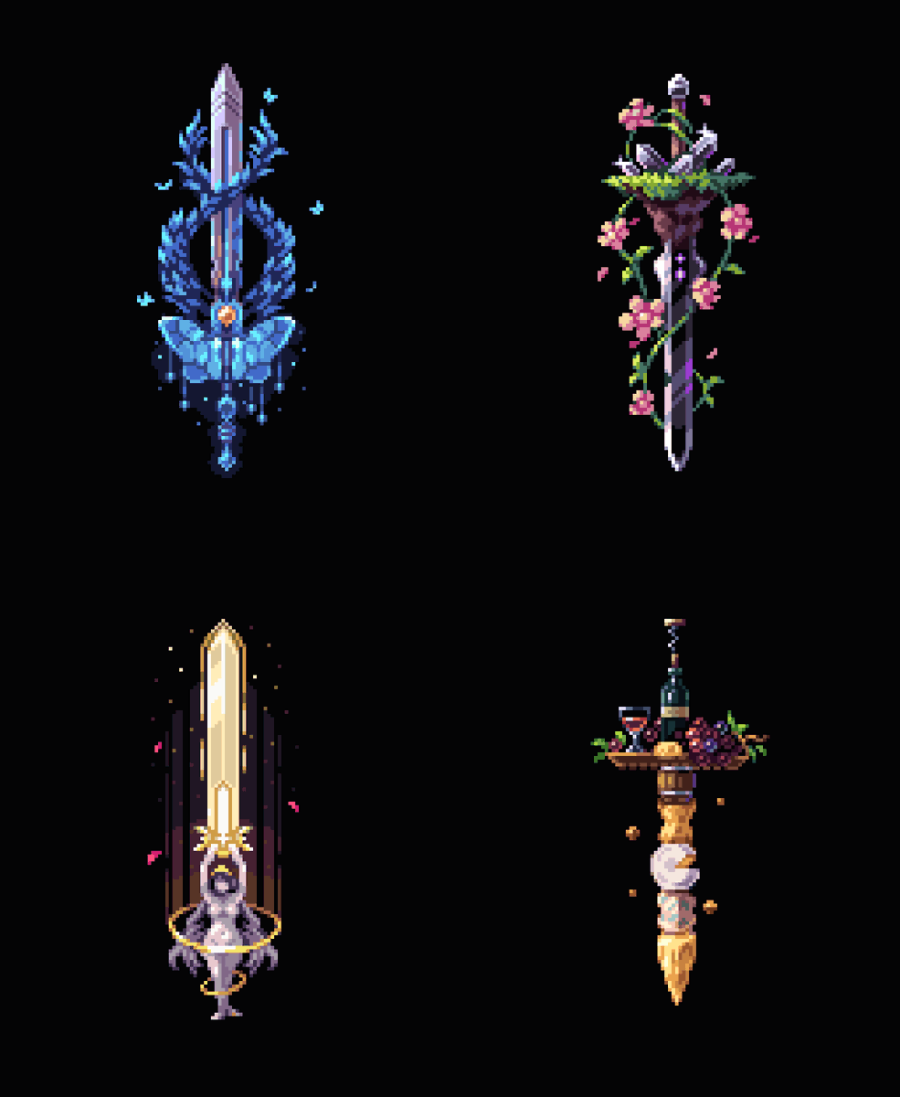 PixelArtJourney's tweet photo. My four swords so far! #pixelart

Wings
Floral
Divine Relic
Edible
#swordtember #swordtember2024 https://t.co/cJiY9rY2w8