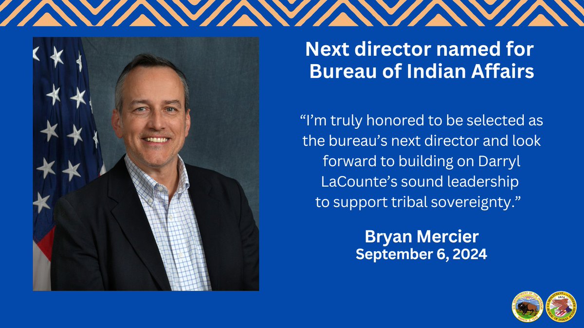 Today: <a href="/AsstSecNewland/">Bryan Newland</a> announced Bryan Mercier as the new Director for the <a href="/BureauIndAffrs/">Bureau of Indian Affairs</a> 🚨

👉bia.gov/news/next-dire… #NativeTwitter #Leadership