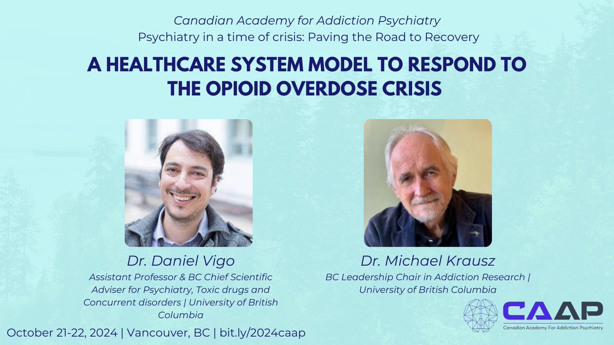 Canadian Academy for Addiction Psychiatry (@canadiancaap) on Twitter photo We are looking forward to a keynote session by Dr. Daniel Vigo <a href="/VigoLabUBC/">Mental Health Systems and Services Laboratory</a> and Dr. Michael Krausz <a href="/ACDResearch/">ACD Research Group</a> titled "A Healthcare System Model to Respond to the Opioid Overdose Crisis" at the upcoming CAAP conference.
Register today at bit.ly/2024caap! We are looking forward to a keynote session by Dr. Daniel Vigo <a href="/VigoLabUBC/">Mental Health Systems and Services Laboratory</a> and Dr. Michael Krausz <a href="/ACDResearch/">ACD Research Group</a> titled "A Healthcare System Model to Respond to the Opioid Overdose Crisis" at the upcoming CAAP conference.
Register today at bit.ly/2024caap!