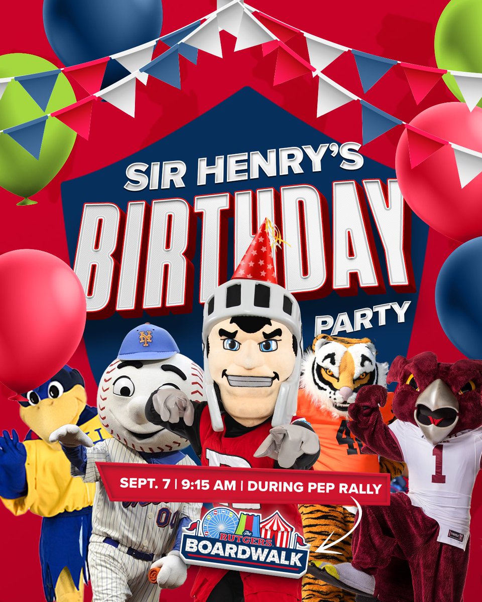 Don’t miss Sir Henry’s Birthday Party after the Pep Rally tomorrow on The Rutgers Boardwalk‼️📣 

Join Sir Henry and Friends for pictures, autographs, and a special surprise gift!🎁
