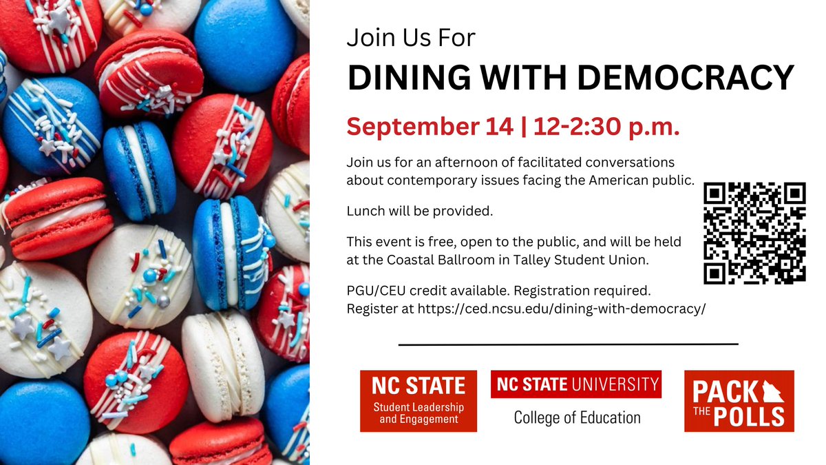 Associate Professors Christy Byrd and Paula McAvoy will host the Fall 2024 Dining with Democracy on Sept. 14. Lunch provided, and PGUs and CEUs available to NC State students and teachers in NC. Learn more:  ced.ncsu.edu/dining-with-de…